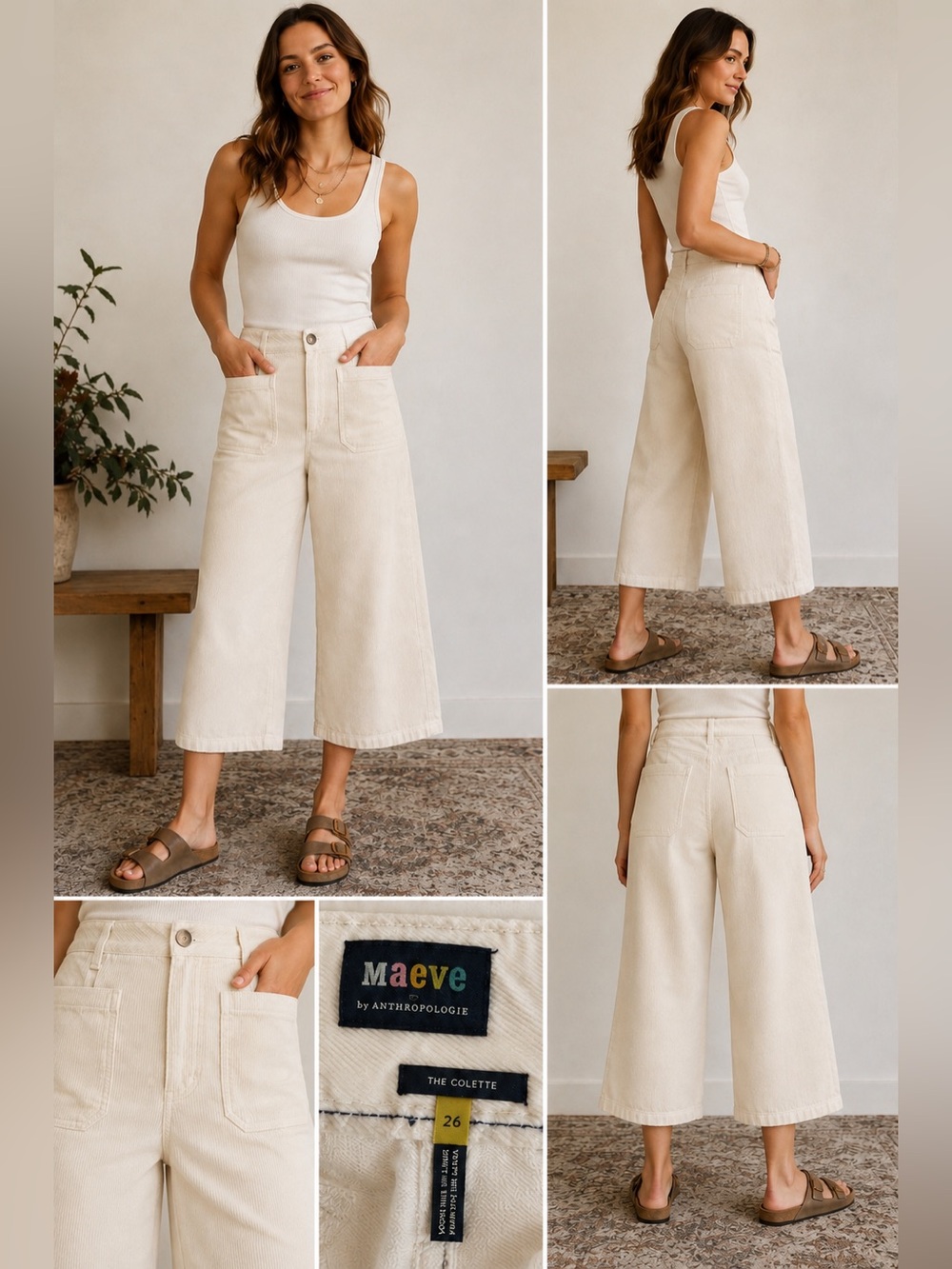 Maeve Anthropologie The Colette Corduroy Cropped Wide Leg Pants Cream 26